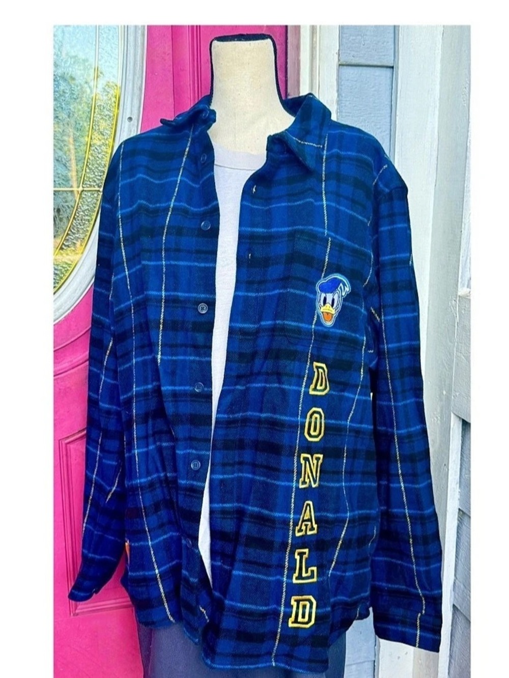 Disney Parks Donald Duck Don’t Make Me Blue Plaid Flannel Shirt XL NWT